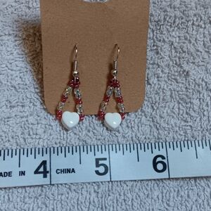 Handmade White Heart Beaded Drop Earrings